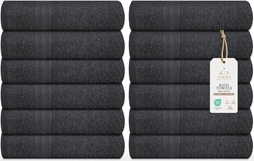 Bath Towels Bulk Set of 12 – 24" x 48" – 100% Cotton Terry, Soft, Quick-Dry & Highly Absorbent – Charcoal Grey Towels for Bathroom, Spa, Gym, Hotel, Pool & Everyday Use