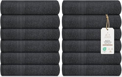 Bath Towels Bulk Set of 12 – 24" x 48" – 100% Cotton Terry, Soft, Quick-Dry & Highly Absorbent – Charcoal Grey Towels for Bathroom, Spa, Gym, Hotel, Pool & Everyday Use