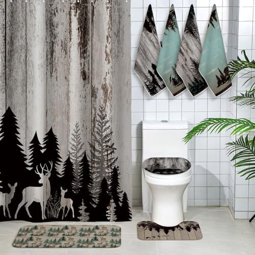 Honoson 8 Pcs Wildlife Animal Shower Curtain Set with Rugs and Kitchen Towels Cabin Deer Bear Forest Decor Shower Curtain Bathroom Set for Farmhouse Country Halloween Housewarming Gifts Decor