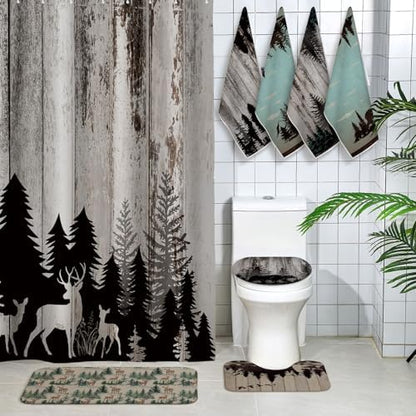 Honoson 8 Pcs Wildlife Animal Shower Curtain Set with Rugs and Kitchen Towels Cabin Deer Bear Forest Decor Shower Curtain Bathroom Set for Farmhouse Country Halloween Housewarming Gifts Decor