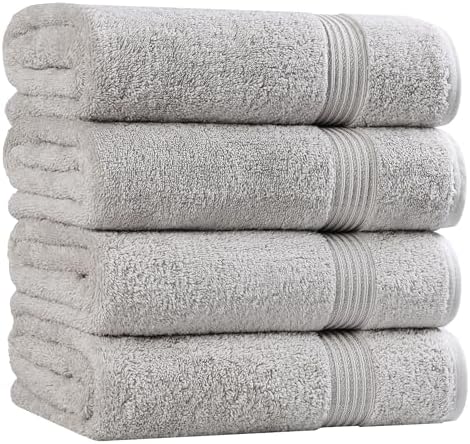 Superior Egyptian Cotton Bath Towel Set, Towels for Home Bathroom, Master, Guest Bath, Decor Essentials, Quick Dry, Absorbent, Large Body Towels, Spa, Hotel, Resort, Adult, Kids, Set of 4, Silver