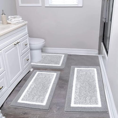 Pauwer 3 Piece Bathroom Rug Set, Non Slip Washable Bath Mat, Light Grey