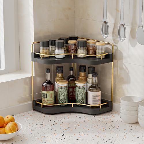 2-Tier Corner Bathroom Counter Organizer, Larger, Black Gold