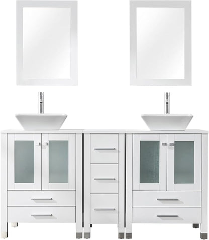 LUCKWIND 60" Double 24" Bathroom Vanity with Sink Combo, Elegant Series with One 12.6-in Side Cabinet, Painted Frame, Including White Square Sinks, Faucets Without Mirrors, White