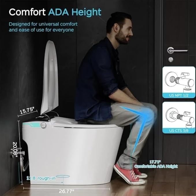 Smart Toilet with Bidet Built In ADA Height 17.7", 1.28GPF Power Flush, One Piece Bidet Toilet Design with Heated Seat, Voice Control, Remote Control, Foam Shield, Tankless Modern Toilet BSJ