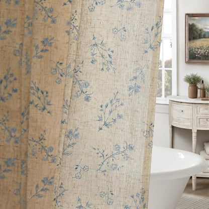 Blue Floral Farmhouse Vintage Linen Shower Curtain French Country 72Wx84H