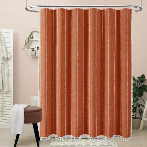BTTN 48 x 72 Boho Linen Heavy Duty Cloth Shower Curtain Set, Burnt Orange
