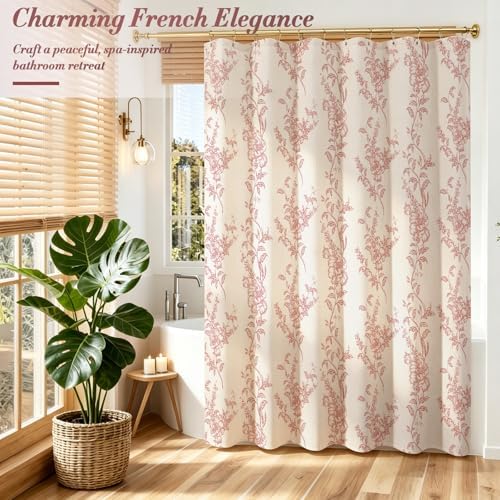 Red Linen Farmhouse Shower Curtain, Boho Floral Bathroom 72x72