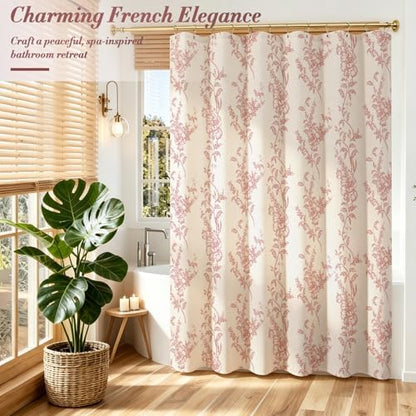 Red Linen Farmhouse Shower Curtain, Boho Floral Bathroom 72x78