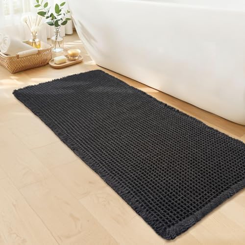 Long Black Bathroom Rug, Waffle Bath Mat Runner Non Slip, 24 x 72