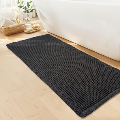 Black Bathroom Rug, Waffle Bath Mat Non Slip Washable, 24" x 48"