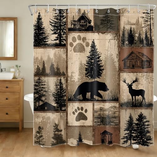Rustic Cabin Lodge Bear Shower Curtain, Brown Forest, 72x72 inch