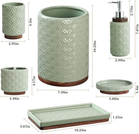 RQYIXI Ceramic Bathroom Accessories Set,Sage Green,6 Piece,Embossed Design
