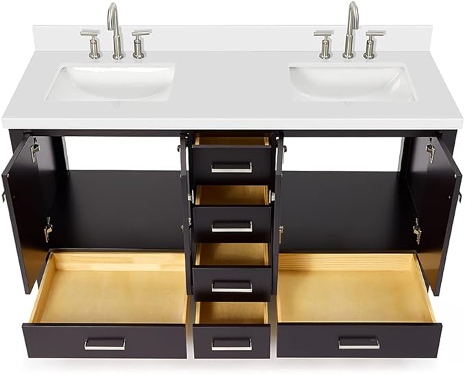 DKB Beckford 60" Espresso Double Bathroom Vanity with Sink, 1.5" Pure White Quartz Countertop, Center Rectangular Sinks, 4 Soft Closing Shaker Doors, 6 Dovetail Drawers