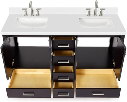 DKB Beckford 60" Espresso Double Bathroom Vanity with Sink, 1.5" Pure White Quartz Countertop, Center Rectangular Sinks, 4 Soft Closing Shaker Doors, 6 Dovetail Drawers
