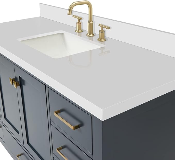 ARIEL Cambridge 54-inch Bathroom Vanity with Sink,Solid Wood, 1.5-inch Pure White Quartz Countertop, Single Rectangular Porcelain Sink, 2 Soft Closing Doors, 9 Dovetail Drawers, Midnight Blue