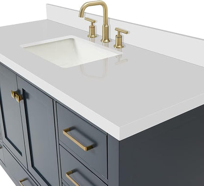 ARIEL Cambridge 54-inch Bathroom Vanity with Sink,Solid Wood, 1.5-inch Pure White Quartz Countertop, Single Rectangular Porcelain Sink, 2 Soft Closing Doors, 9 Dovetail Drawers, Midnight Blue