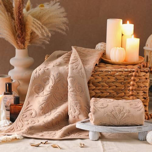 SmoothNovelty 2 Pcs Brown Floral Jacquard Hand Towels for Bathroom