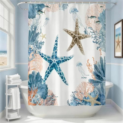 Orange Beach Shower Curtain for Bathroom, Ocean Coastal Theme, 72x72 In