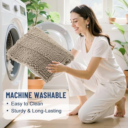 Grandaily Chenille Striped Bathroom Rugs 24x16, Extra Thick and Soft Absorbent Bath Mats, Rubber Backing, Plush Shaggy Shower Carpet, Machine Wash Dry, Bath Rug for Bathroom, Warm Taupe