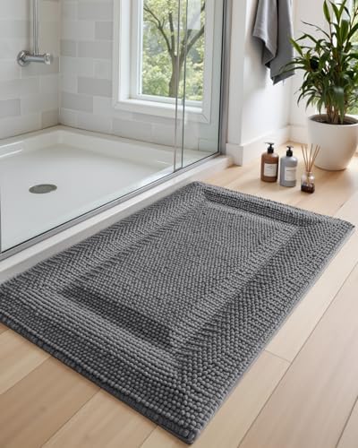 DEXI Bathroom Rugs 43x24, Non Slip Washable Chinelle Bath Mat, Dark Grey