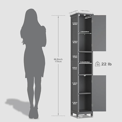 67" Tall Bathroom Storage Cabinet with Lights, Slim Narrow Bathroom Cabinet Organizer with Doors and Adjustable Shelves, Tall Cabinet for Small Space (66.9" Tall-Grey with Light)