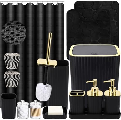XLHOMO Bathroom Set with Shower Curtain and Rugs- 25PC Bathroom Accessory Set, Black Shower Curtain Set, Toilet Brush, Trash Can, Qtip Holder & Soap Dispenser