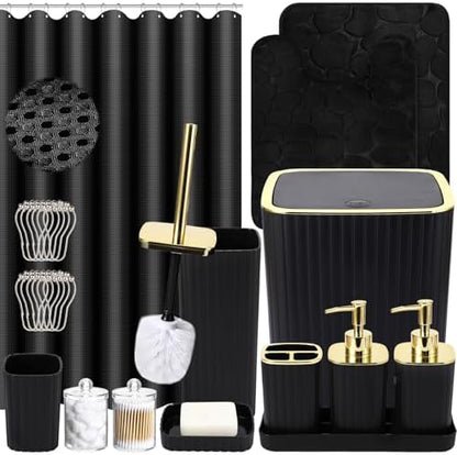 XLHOMO Bathroom Set with Shower Curtain and Rugs- 25PC Bathroom Accessory Set, Black Shower Curtain Set, Toilet Brush, Trash Can, Qtip Holder & Soap Dispenser