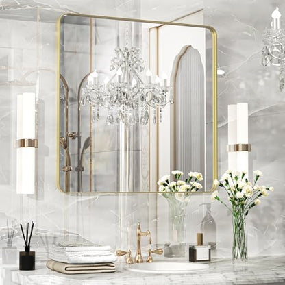 Fun Memories Gold Bathroom Mirror 30X30 Inch Bathroom Vanity Mirror, Metal Gold Frame Large Mirror, Modern Wall Mirror for Bathroom, Tempered Glass, Farmhouse Mirror, Horizontally or Vertically