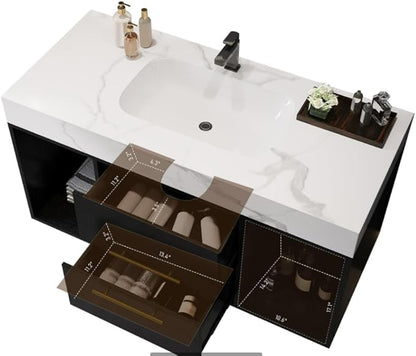 40 inch Modern Floating Bathroom Vanity with Sink, Wall Mounted Bathroom Cabinet with Ceramic Sink, Sintered Stone Countertop, 2 Soft Closing Drawers & Open Storage Shelf, Black