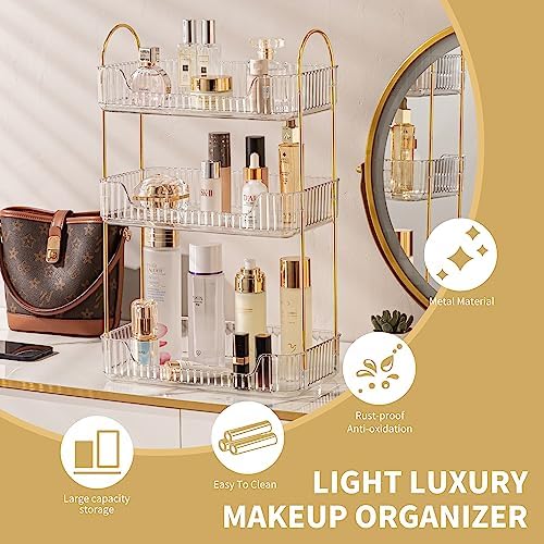 Akinbas 3 Tier Bathroom Organizer Countertop Makeup Perfume Tray Skincare Organizer for Bathroom Dresser Vanity (White)
