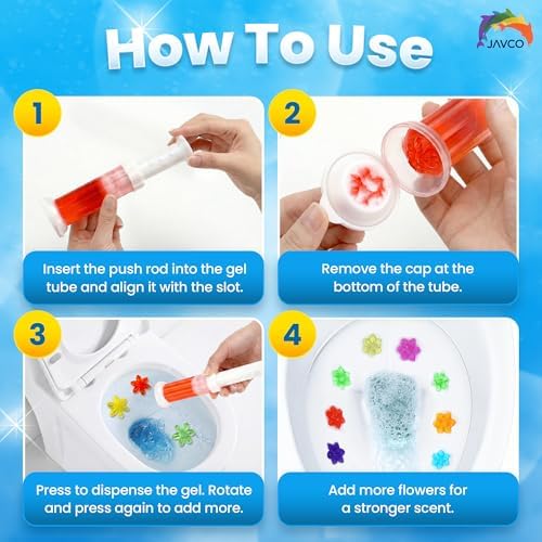JAVCO Toilet Gel Stamps, 96 Flower Stamps Toilet Bowl Freshener, Long Lasting Toilet Cleaners Gel for Bathroom Odor Control, 8 Mixed Scents, Automatic Toilet Bowl Deodorizer, 18 Month Supply
