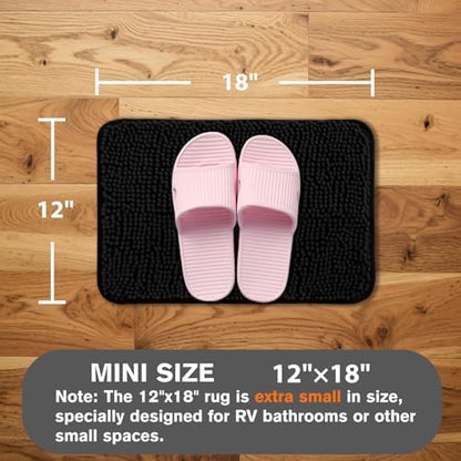 Small Bathroom Rug 12"x18" – Washable and Absorbent Bath Mat, Non Slip, Thick Soft Chenille Bath Rugs for Bathroom, Shower, Sink, Dog mat(Black)