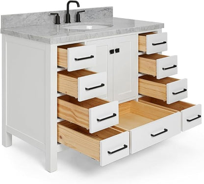 ARIEL Cambridge 42-inch Bathroom Vanity with Sink,Solid Wood, 1.5-inch Italian Carrara Marble Countertop & Backsplash, Single Oval Porcelain Sink, 2 Soft Closing Doors, 9 Dovetail Drawers, White