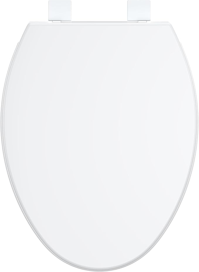 19" Elongated Toilet Seat with Quiet-Close Lid, Soft Close Slow Close Cover with Quick-Release & Quick-Attach Hardware, Full Flat White, Easy Clean Design, Grip-Tight Bumpers
