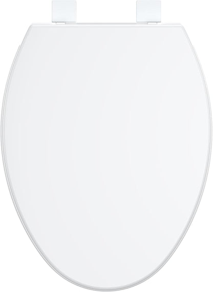 19" Elongated Toilet Seat with Quiet-Close Lid, Soft Close Slow Close Cover with Quick-Release & Quick-Attach Hardware, Full Flat White, Easy Clean Design, Grip-Tight Bumpers