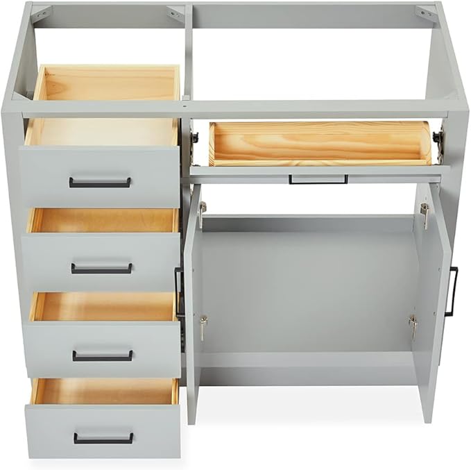 ARIEL Hepburn 42-inch Bathroom Vanity Base Cabinet,Solid Wood, 2 Soft Closing Doors, 5 Dovetail Drawers, Grey