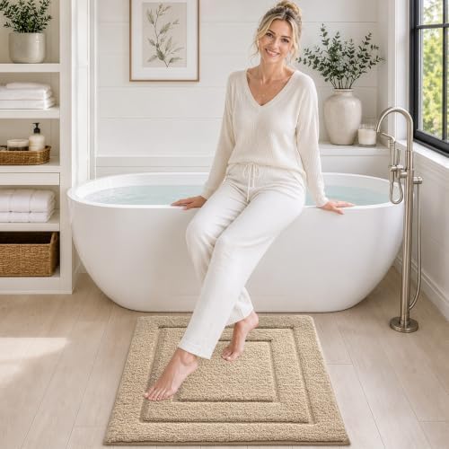 DEXI Square Bathroom Rug 32x32, Non-Slip and Absorbent Bath Mat, Beige