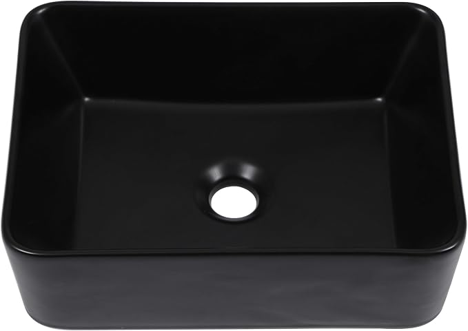 16"x12" Black Bathroom Vessel Sink Rectangular - Matte Black Porcelain Ceramic Rectangle Above Counter Vanity Lavatory Bath Sink Art Basin