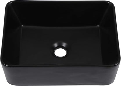 16"x12" Black Bathroom Vessel Sink Rectangular - Matte Black Porcelain Ceramic Rectangle Above Counter Vanity Lavatory Bath Sink Art Basin