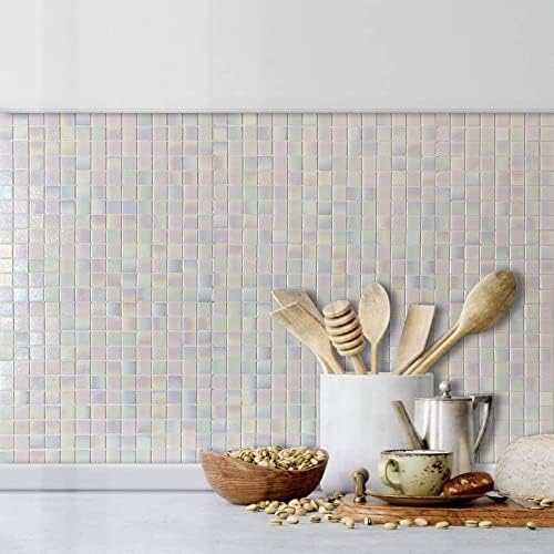 DICOFUN 2 White Rainbow Peel and Stick Backsplash, 6.6" x 6.6" Glass Mosaic Tile for Kitchen and Bathroom