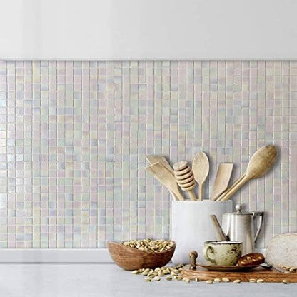 DICOFUN 2 White Rainbow Peel and Stick Backsplash, 6.6" x 6.6" Glass Mosaic Tile for Kitchen and Bathroom