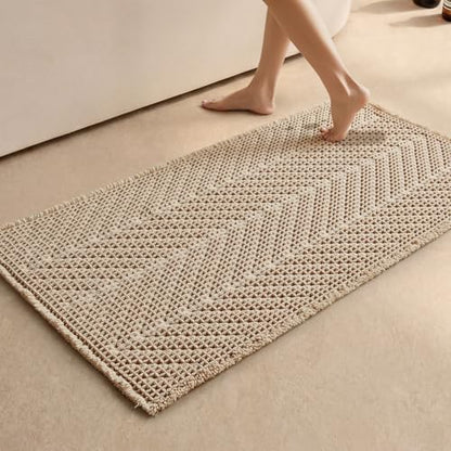 Sunfly Waffle Bath Mat, Boho Bath Rugs for Bathroom Floor Super Absorbent & Quick Dry, Non-Slip Washable Bath Mat with Tassels, Ultra Soft Farmhouse Bathroom Decor 24"*48" Beige