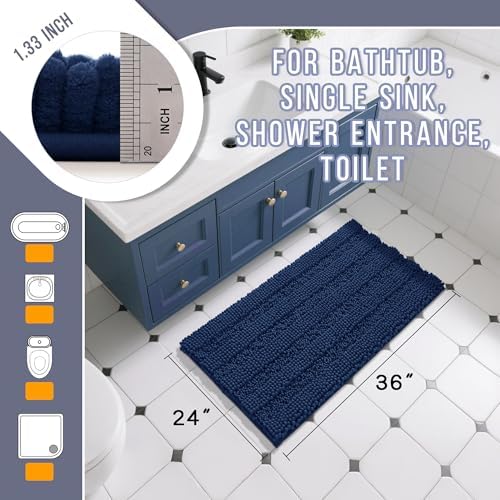 Yimobra Bathroom Rug Mat 36 x 24, Non Slip and Super Absorbent Bath Mat,Machine Washable Quick Dry,Ultra Plush Chenille Shower Rugs for Bathroom Floor Sink Tub and Shower Outside,Navy Blue