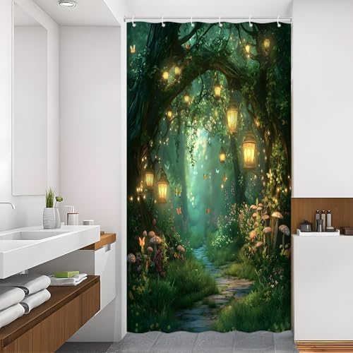 Fantasy Forest Path Shower Curtain Fairy Magical Enchanted Misty Jungle Mushroom Floral Tree Butterfly Lantern Wonderland Bath Curtain Fabric Bathroom Accessories Decor with Hooks 35W x70L