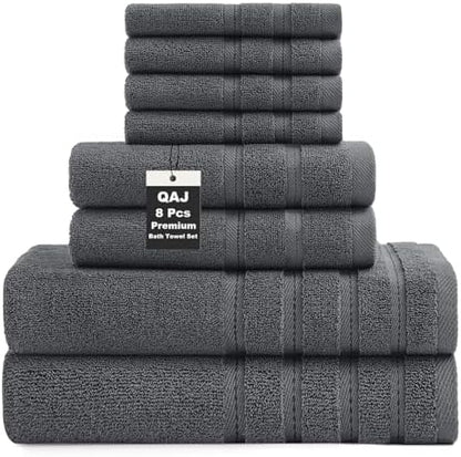 8-Piece Bath Towels Set, 100% Cotton Thick Soft Highly Absorbent Durable, Quick Dry, Bathroom Towels Set (2 Bath Towels, 2 Hand Towels, 4 Washcloths) - Perfect for Daily Use