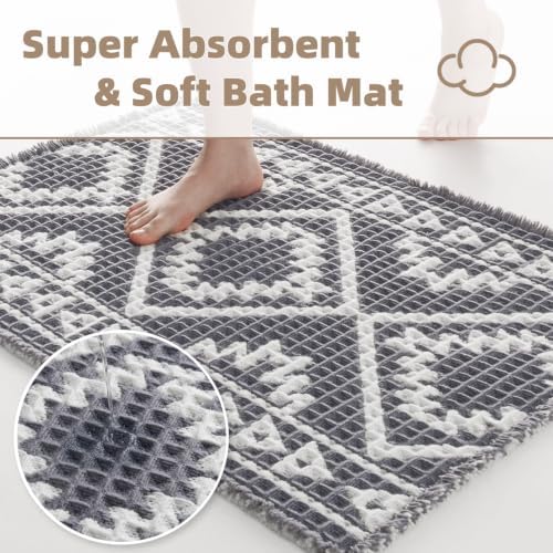PADOOR Bath Mat-Super Absorbent Bath Mats for Bathroom, Machine Washable Non Slip Bathroom Rug with Tassels, Soft Bathroom Mat for Laundry Room, Bedroom, Grey & Cream 17"x28"