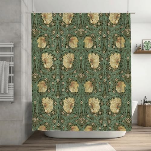 Ansouyi William Morris Shower Curtain Set with 12 Hooks, Bath Curtains Waterproof Polyester Fabric, Green Art Nouveau Floral Home Bathroom Bathtubs Decor Washable Durable Fabric, 72" Wx72 L