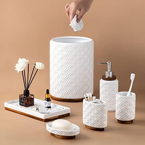 RQYIXI Ceramic Bathroom Accessories Set,Cream White,6 Piece,Embossed Design