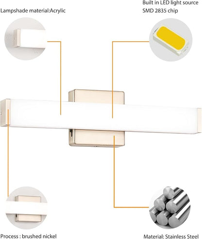40" LED Bathroom Vanity Light 24W Brushed Nickel 4000K Square | Natural White Light,Wall Bar Lighting,Rust & Moisture Resistant, Energy-saving, moisture-proof, for bathroom dresser mirror